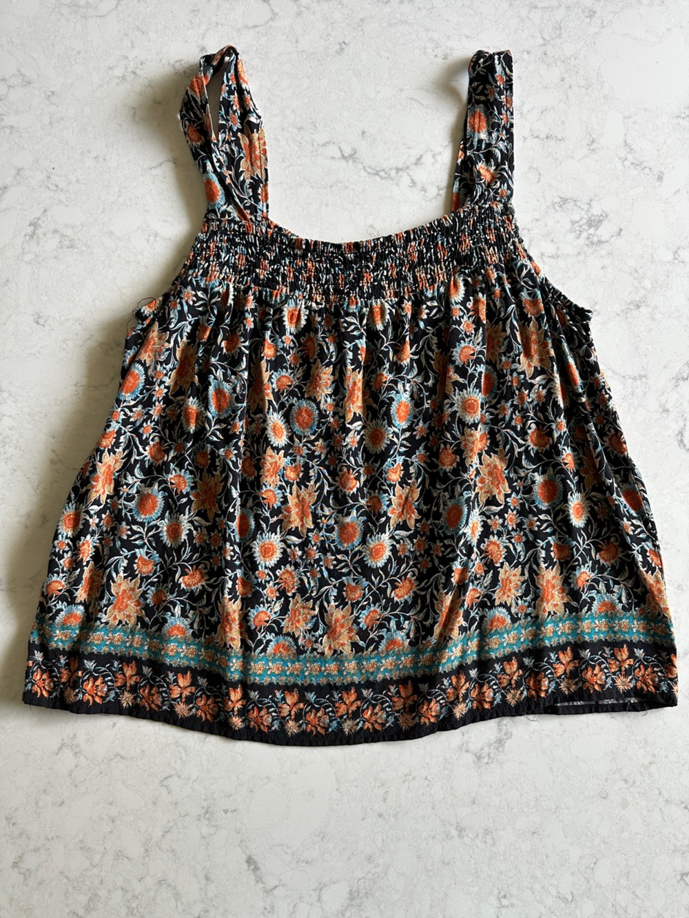 Evereve Black Floral Smocked Tank with Orange and Teal Accents
